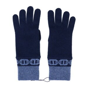 HERMES Cashmere Gloves Size M Chaine d'Ancre Motif Marine Blue Jean